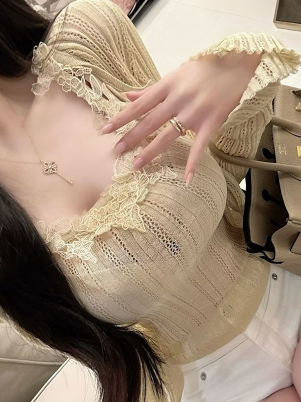 Elastic Lace Trim - Cardigan in maglia con spalline e